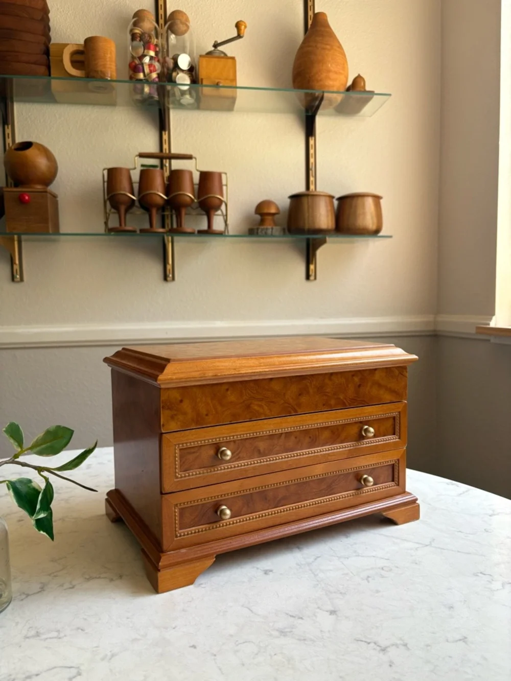 Vintage Wood Jewelry Box with Two Drawers - Brown